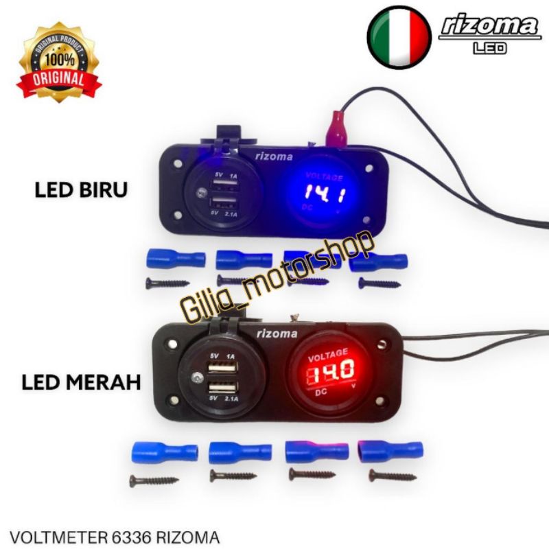 Voltmeter tanam Charger Hp Double USB Rizoma LED Universal