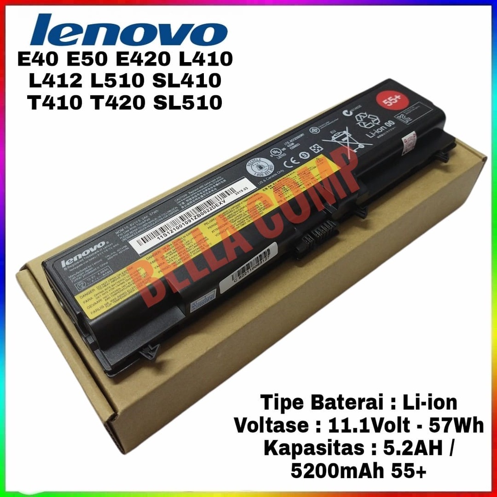 Batre/Baterai Laptop Lenovo ThinkPad T410 T510 T520 W510 E40 E50 E420 E425 E520 E525 L410 L420 L510 L520 L412 L512 SL410 SL510 Voltase : 10.8Volt - 57Wh Kapasitas : 5.2AH / 5200mAh 55+