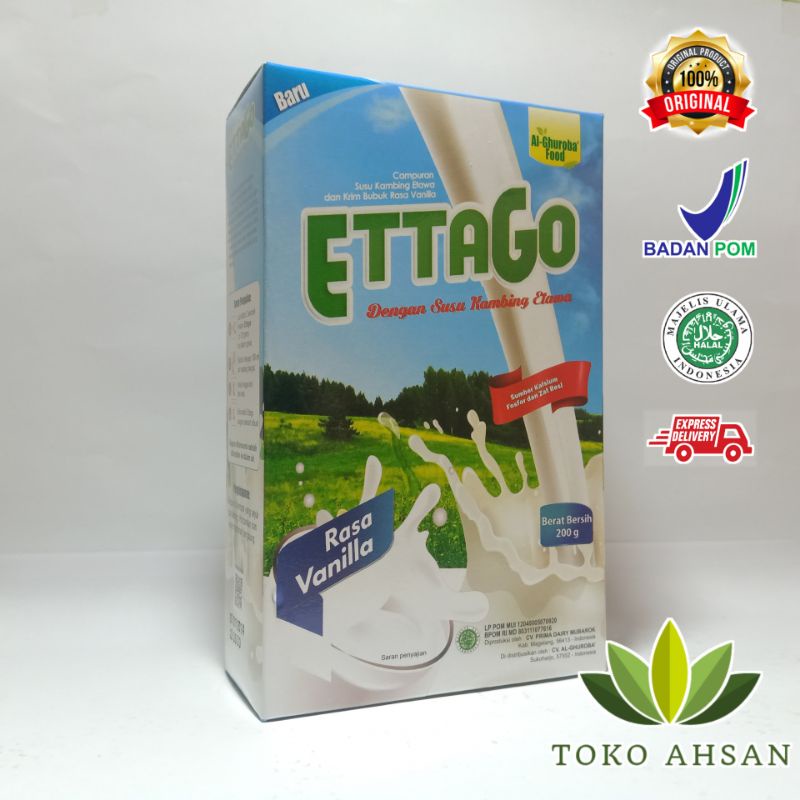 

Susu Kambing Etawa ETTAGO 200gr Al-Ghuroba' | Vanila| Cokelat| Original | Kolostrum | BPOM HALAL