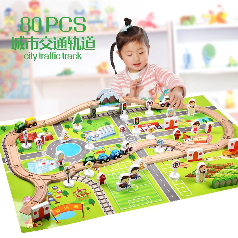 80 pcs Wooden City Traffic Track / Mainan Mobil Kayu Dengan Rel