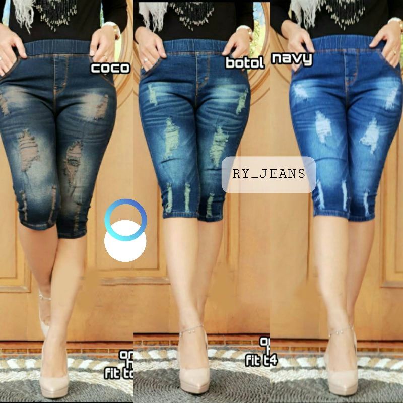 Celana jeans pendek wanita jeans sobek 7/8 legging pinggang karet kolor rip