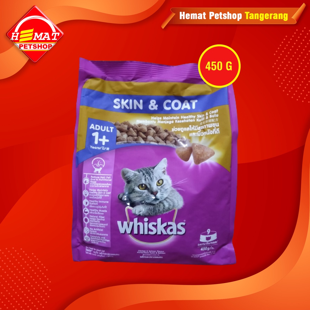 Whiskas Makanan Kucing Kering Dry Food Adult Skin Coa kulit Bulu 450G