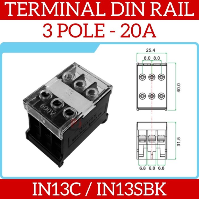 IN30SBK Terminal Block Blok Listrik Mounting Din Rail 600V 20A 3 Pole