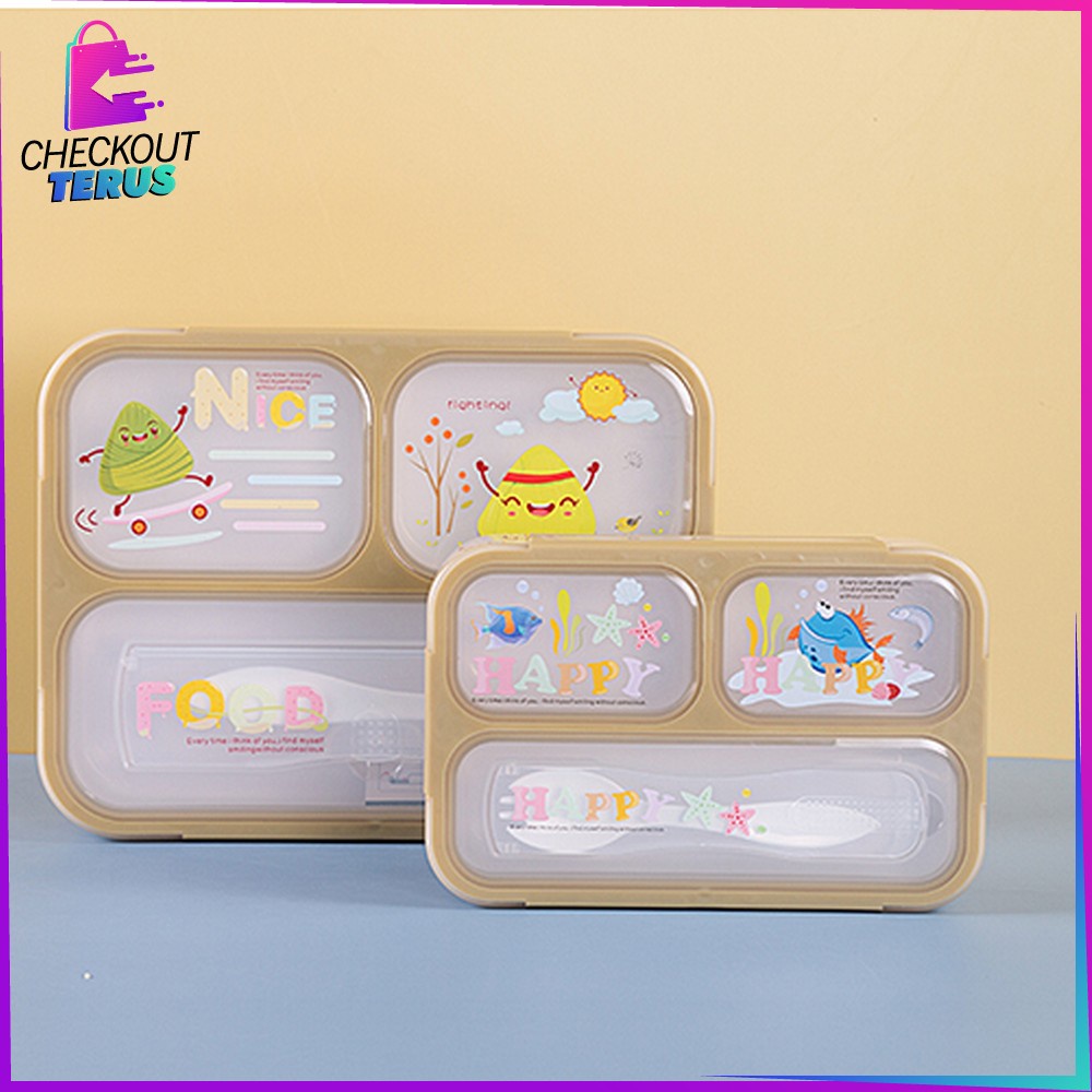 CT C448 C449 Tempat Makan Anak Set 3 Sekat Karakter Dengan Sendok Kotak Bekal Anak Motif Lucu Lunch Box BPA FREE