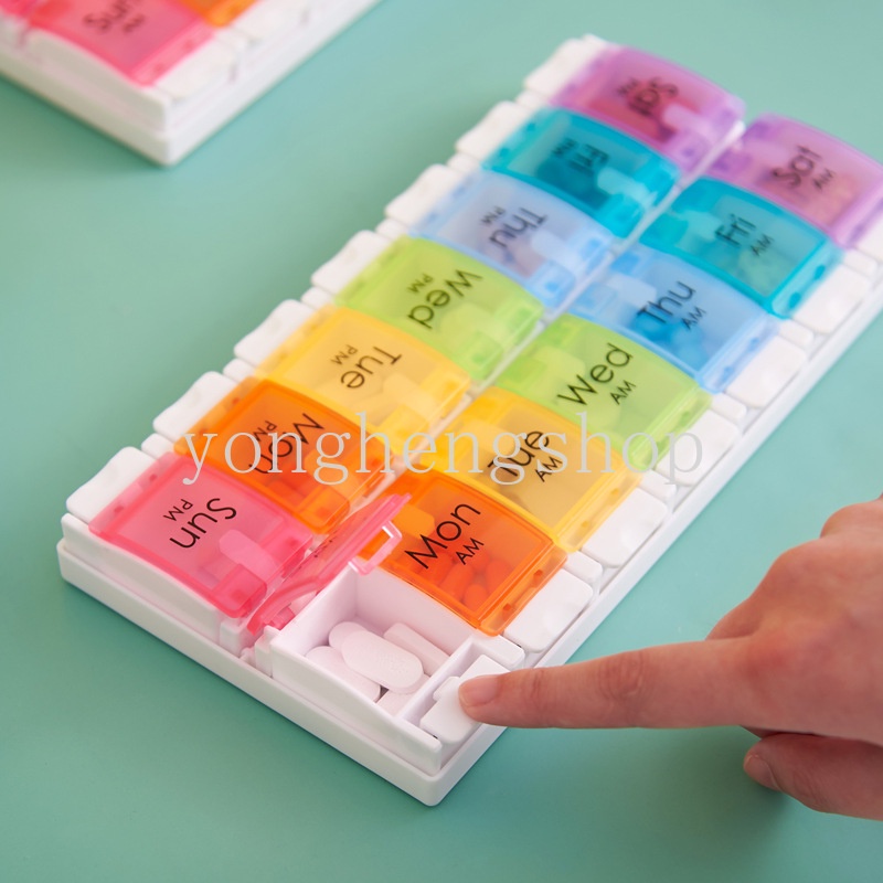 Kotak Penyimpanan Obat Portabel 14 grid Bahan Plastik Warna-Warni Dengan Label