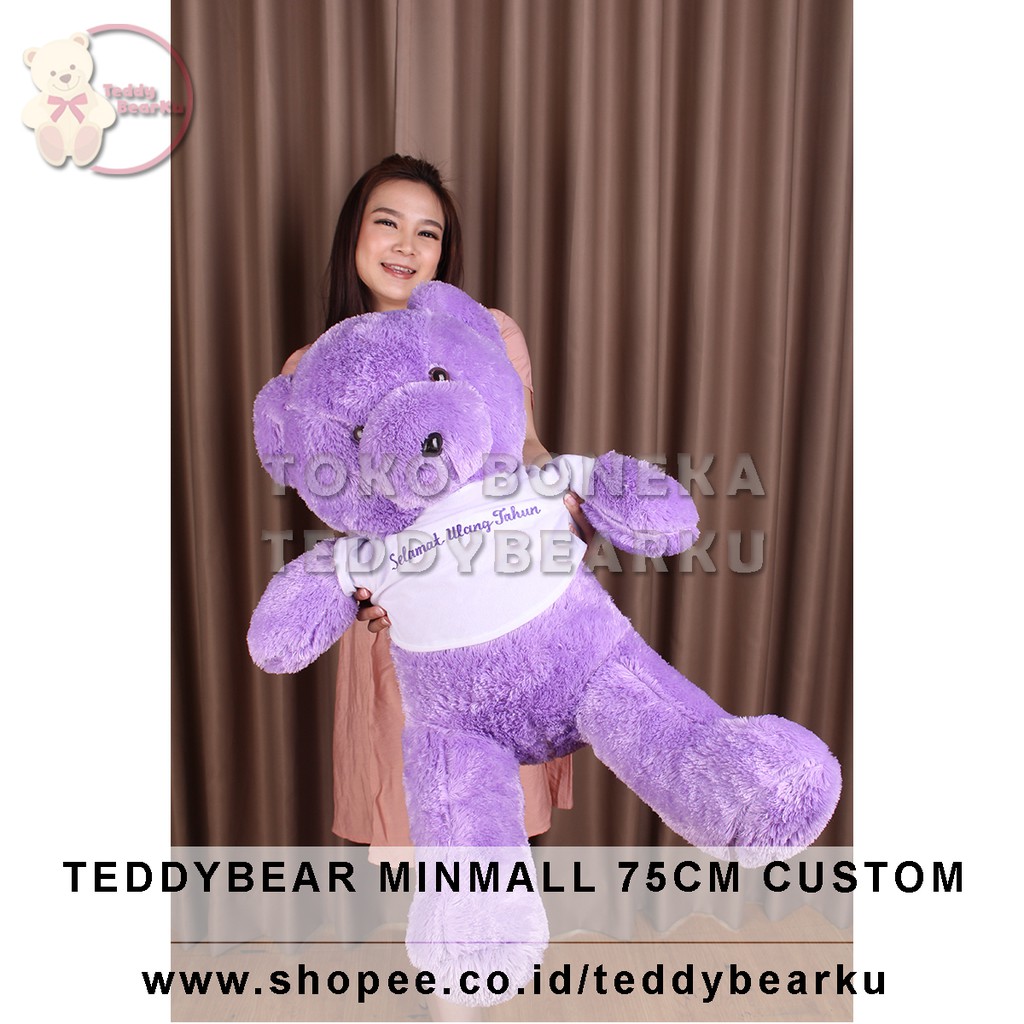 Teddy Bear Ungu Baju Putih + Tulisan Custom Boneka Beruang Mini Mall 75CM XL