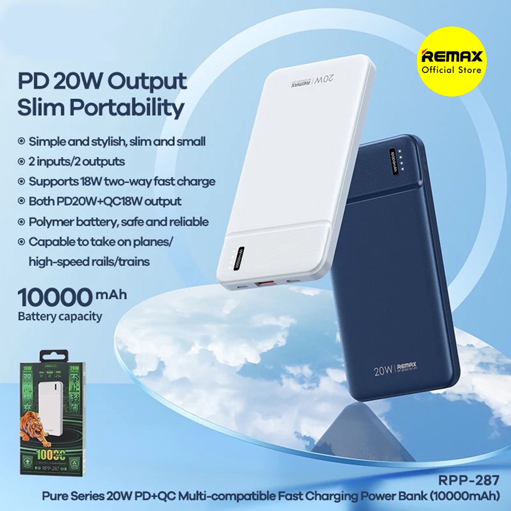 Remax Pure Power Bank 10000mAh Slim Fast Charging 20W Dual Port RPP-287