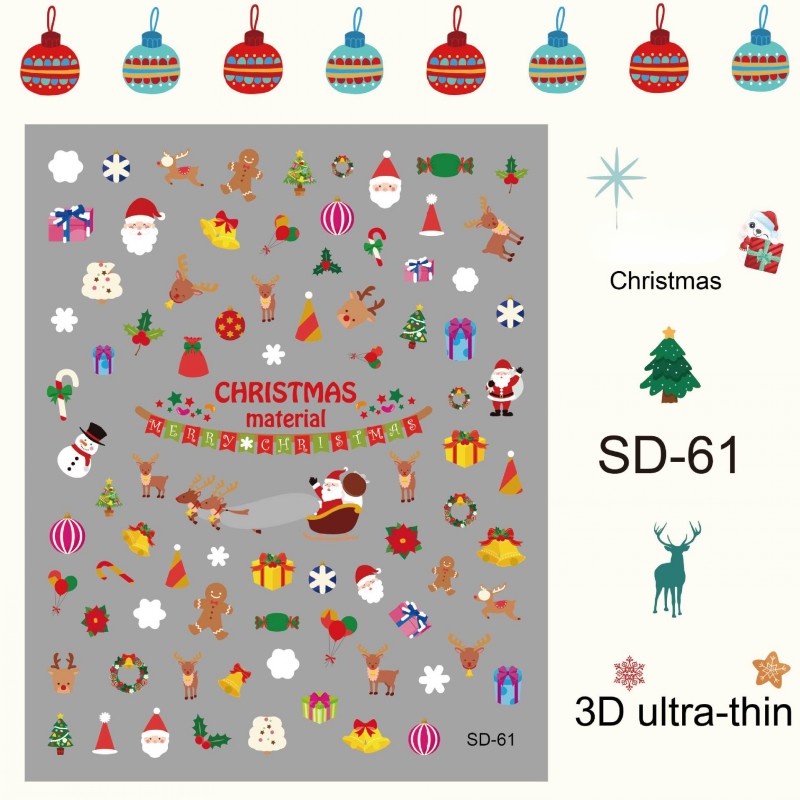 Stiker Kuku Desain Natal Rusa Snowflake Santa Claus Warna Acak Gaya Eropa Amerika Untuk Dekorasi