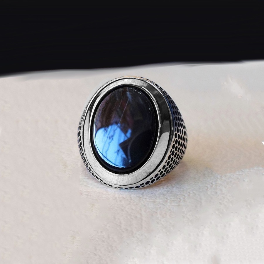 Cincin Bahan Titanium Steel Warna Silver Hias Batu Permata Agate Hitam Gaya Vintagepunk Untuk Pria