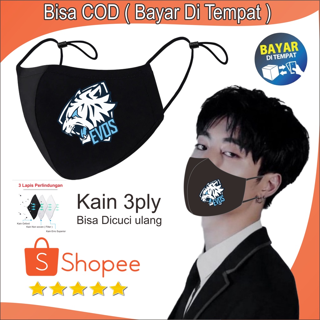 Masker kain Logo Game Online Evos 3 Lapis Adjustable Bisa Dicuci Ulang