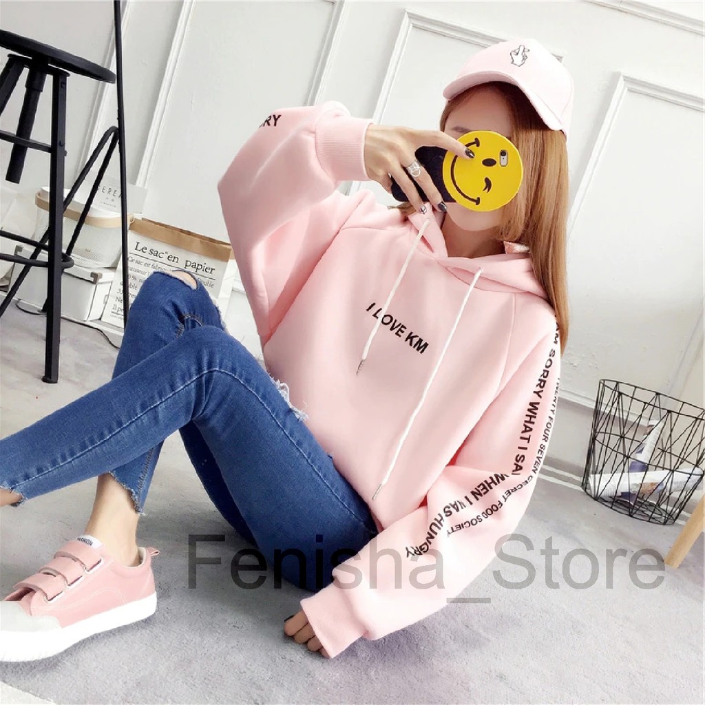 FenishaStore Sweater Hoodie Wanita I LOVE KM Lengan Panjang Size M L XL XXL-Bisa Bayar Ditempat COD