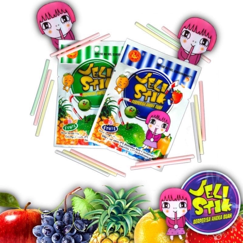 QeQe Jelly Stik / Permen Sedotan berperisa Aneka Rasa Buah ( 1 pak isi 50 pcs x @ 19g )