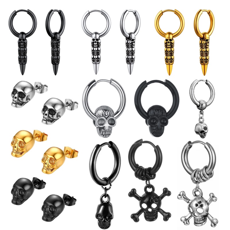 ○✾◑1 Buah Tengkorak Anting-Anting Stud Stainless Steel Hitam Perak Emas Tengkorak Anting-Anting Hoop