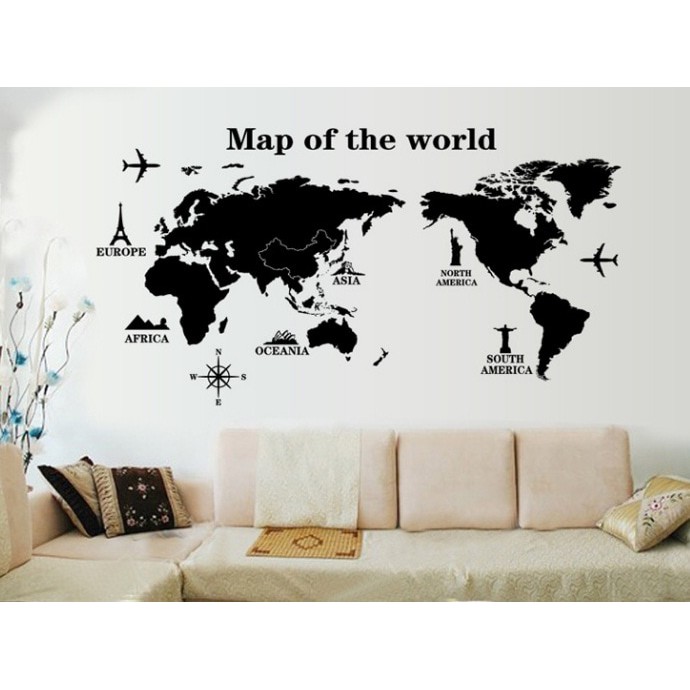 Wall Sticker Stiker Dinding Dekorasi Map Of The World Peta Dunia Landmark Negara Hitam Putih Shopee Indonesia