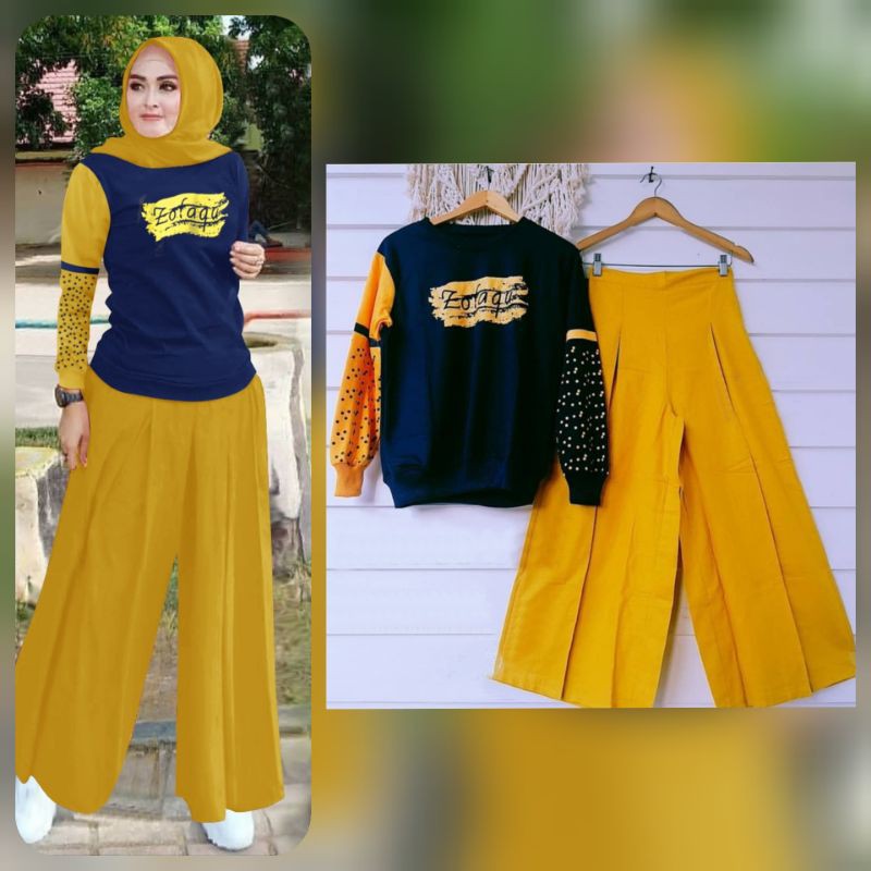 2 UKURAN L XL SET MOLA FASHION PAKAIAN WANITA ATASAN DAN CELANA KULOT BAHAN BABYTERRY FEHM