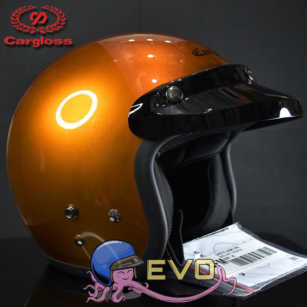 HELM CARGLOSS ORIGINAL CFM RETRO ARMY HALF FACE - BRILIAN ORANGE METALIC + KACA DATAR
