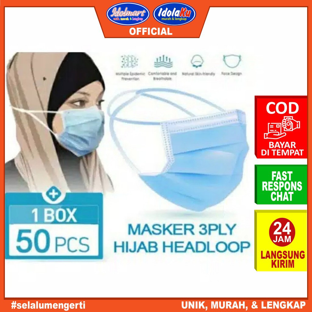 IDOLAKU Masker Disposable Mask Headloop Hijab 3 PLY isi 50 Pcs