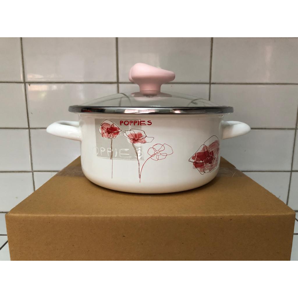 PANCI ENAMEL EXPORT, CANTIK BT DIAMETER PANCI - 18 CM POPPIES + TUTUP PANCI KACA DENGAN KNOP MENARIK