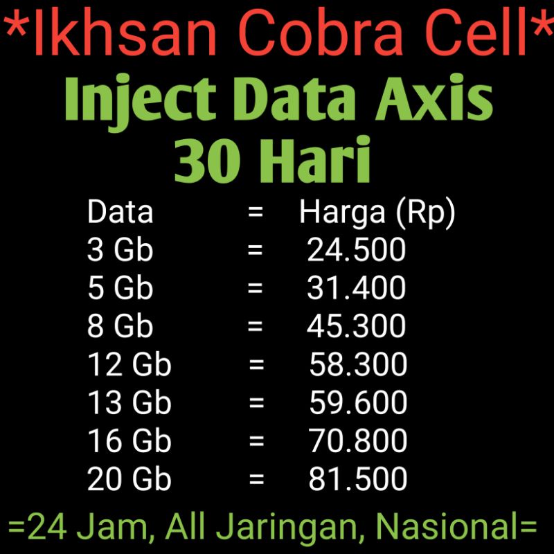 Inject Kuota Paket Data Axis 30 Hari