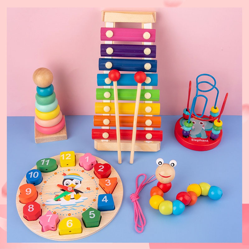 NEW!!!Mainan Edukasi Anak Mini Round Beads  Basic Shape Kayu Balok Geometri Puzzle 3D Montessori Sensory Xylophone Jam Angka