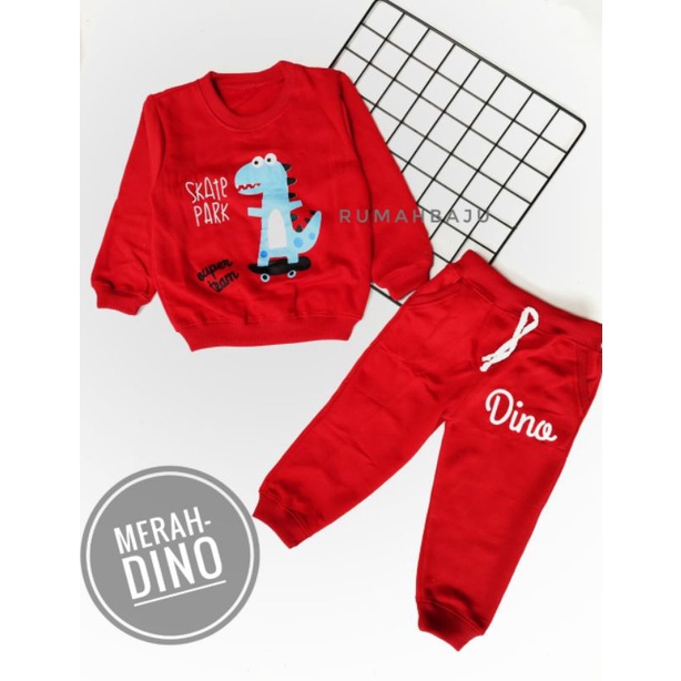 SETELAN SPORT KARAKTER / SETELAN ANAK CEWEK-COWOK-Merah dino