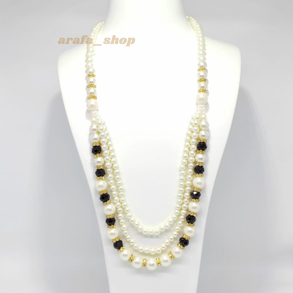 Kalung Mutiara 3 Lapis Wanita Panjang Kristal Imitasi