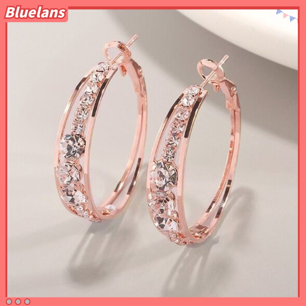 1 Pasang Anting Hoop Berlian Imitasi Bentuk Lingkaran Warna Rose Gold Untuk Wanita