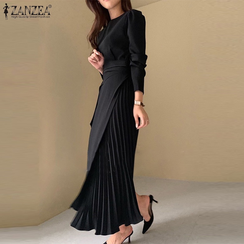 ZANZEA Ladies Fashion Women Dress Plain Slim Elegant Pleated Office Long Dresses