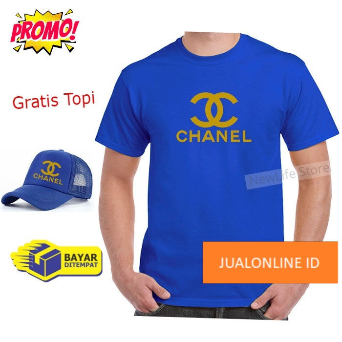 Beli Baju Gratis Topi - Kaos Distro Chanel Gold Premium Pria Wanita Lengan Pendek