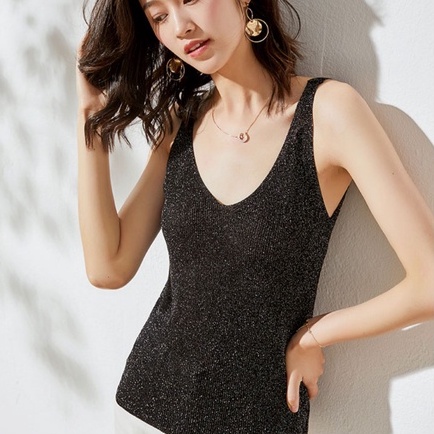 【Elegant】Korean Glitter Shiny  Lembut Knit Tank Top 7123