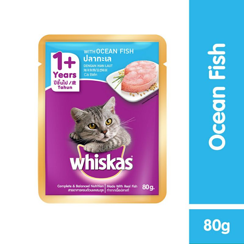 WHISKAS® Ocean Fish 1+ Makanan Kucing Basah Pouch Starter Pack Multi Variant 80gr (1pcs) varian Ocean Fish #Whiskas/kucing/makanankucing/anggora/persia/peaknose/kucinglucu