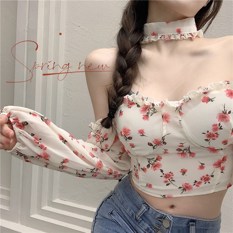 Wanita Tipis Floral Chiffon Kemeja Gaya Baru Halter Puff Sleeve Off-Shoulder Slim-Fit Gambar Menyanj