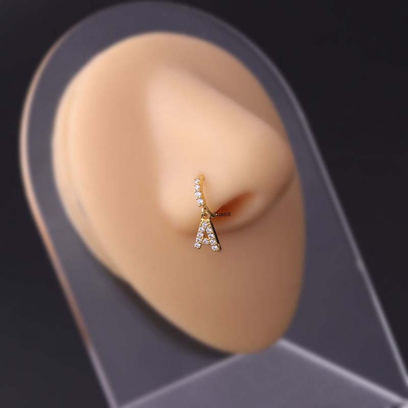 1pc Anting Bulat Gantung Hidung Wanita Bahan Tembaga Desain Tulisan No Lock Hias Zircon 8mm