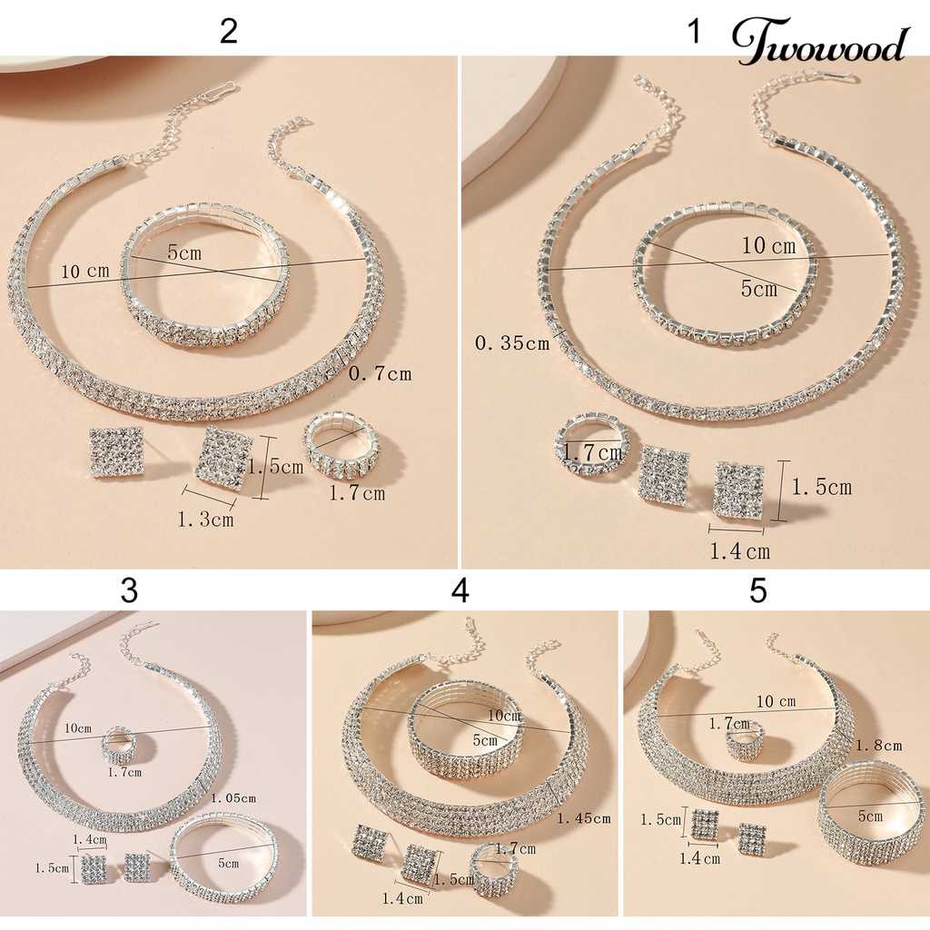 Twowood 4Pcs/Set Extension Chain Necklace Earrings Bracelet Ring Adjustable Multi Rows Full Rhinestone Women Choker Necklace Set Jewelry Accessory