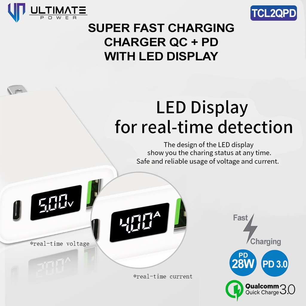 Adaptor 28W/kepala charger Ultimate 28W Super Fast Charging QC + PD LED Display original