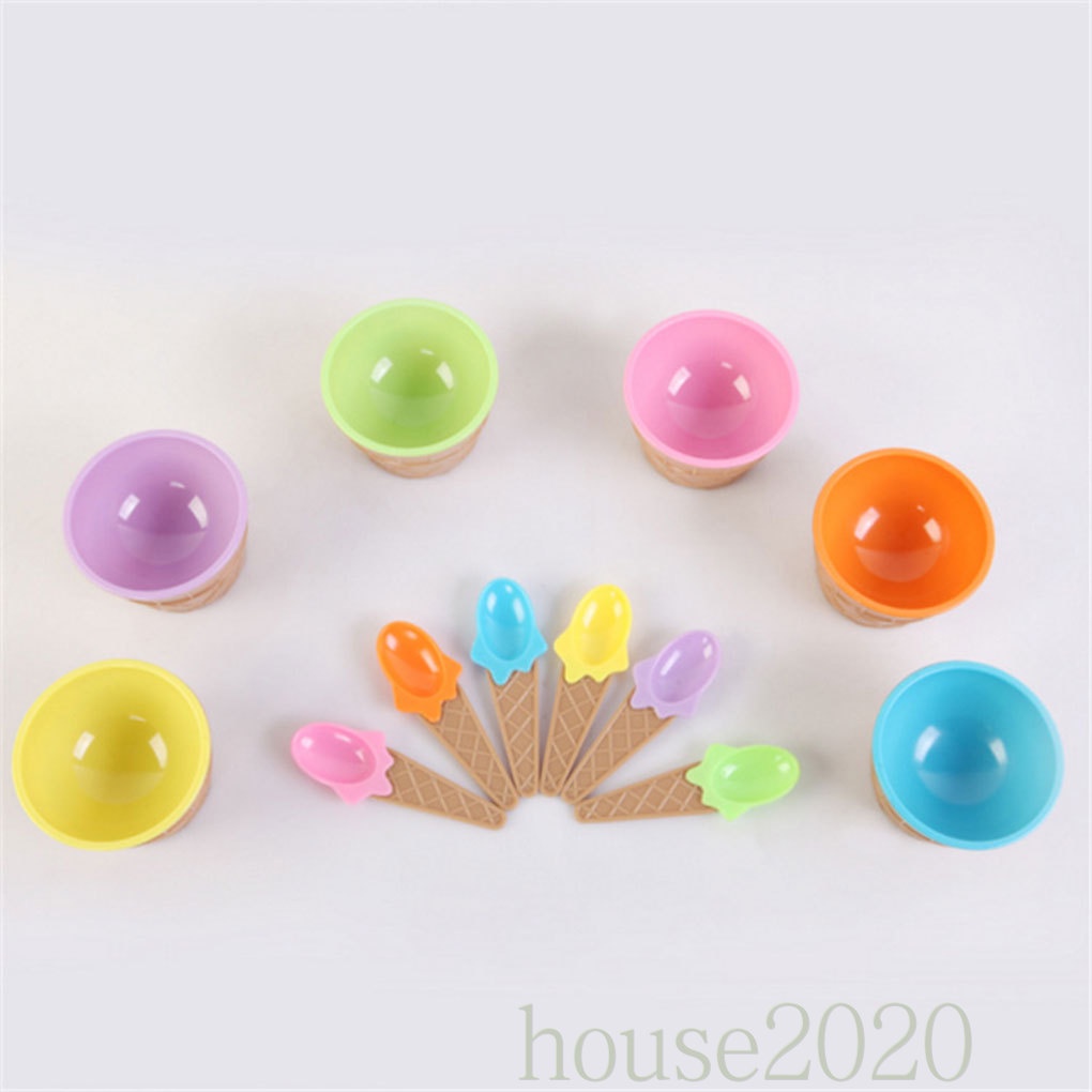 [house2020]Plastic Ice Cream Frozen Yogurt Cup with Spoon Dessert Bowl Ice Cream Bowl Spoon Set Random Color