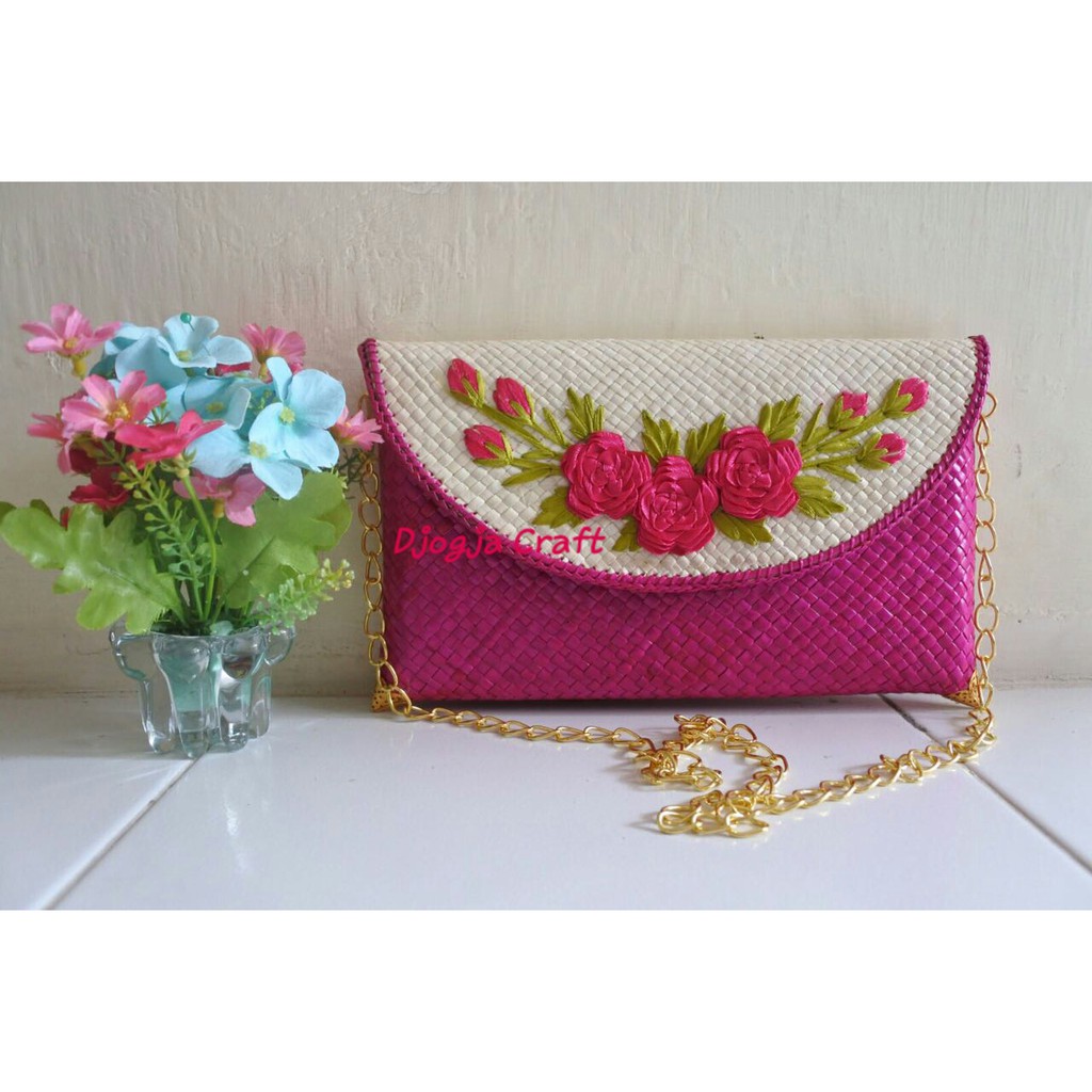 Djecraft Clutch Bag Pandan Bunga Sulam - Pink Fanta