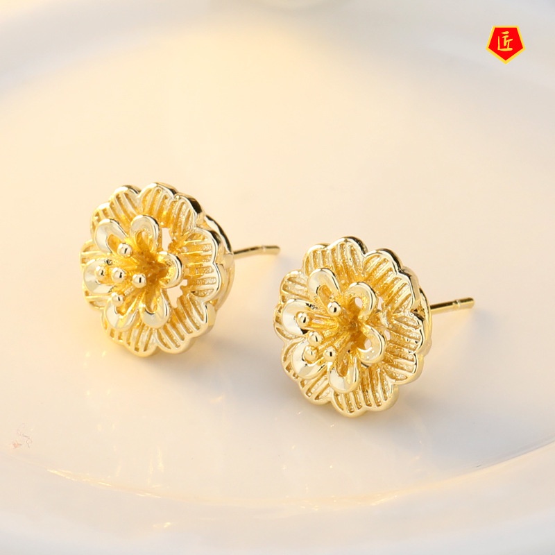 [Ready Stock]Gold Stud Earrings Vintage Flower Jewelry Necklace Set for Women