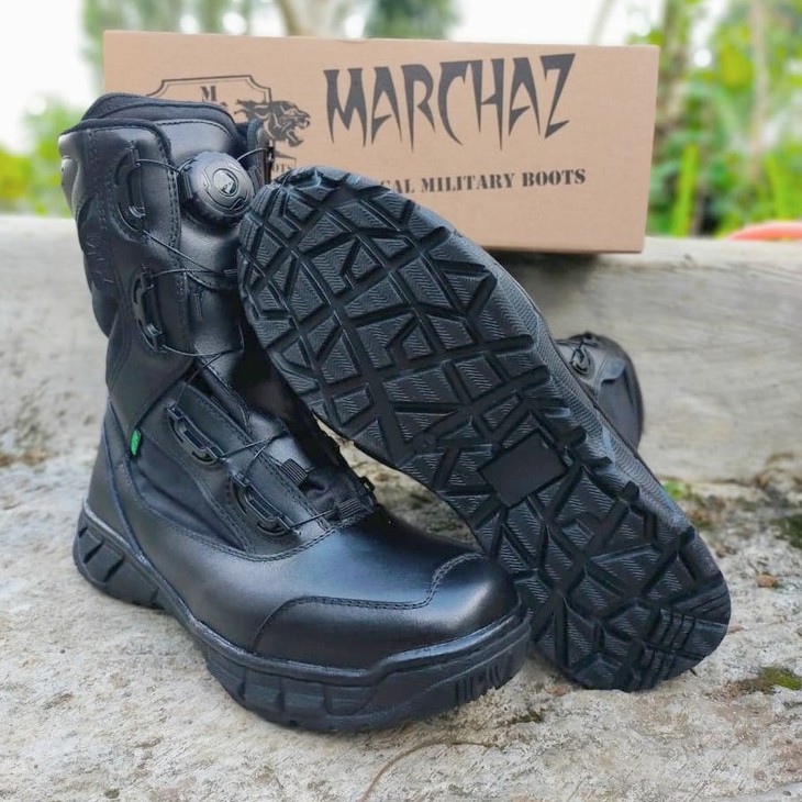 SEPATU PDL TALI PUTAR HITAM DAN CREAM GURUN MODEL TERBARU BAHAN KULIT SAPI ASLI MERK MARCHAZ SEPATU PDL TNI POLRI SECURITY SATPAM SATPOL PP KEMHAN