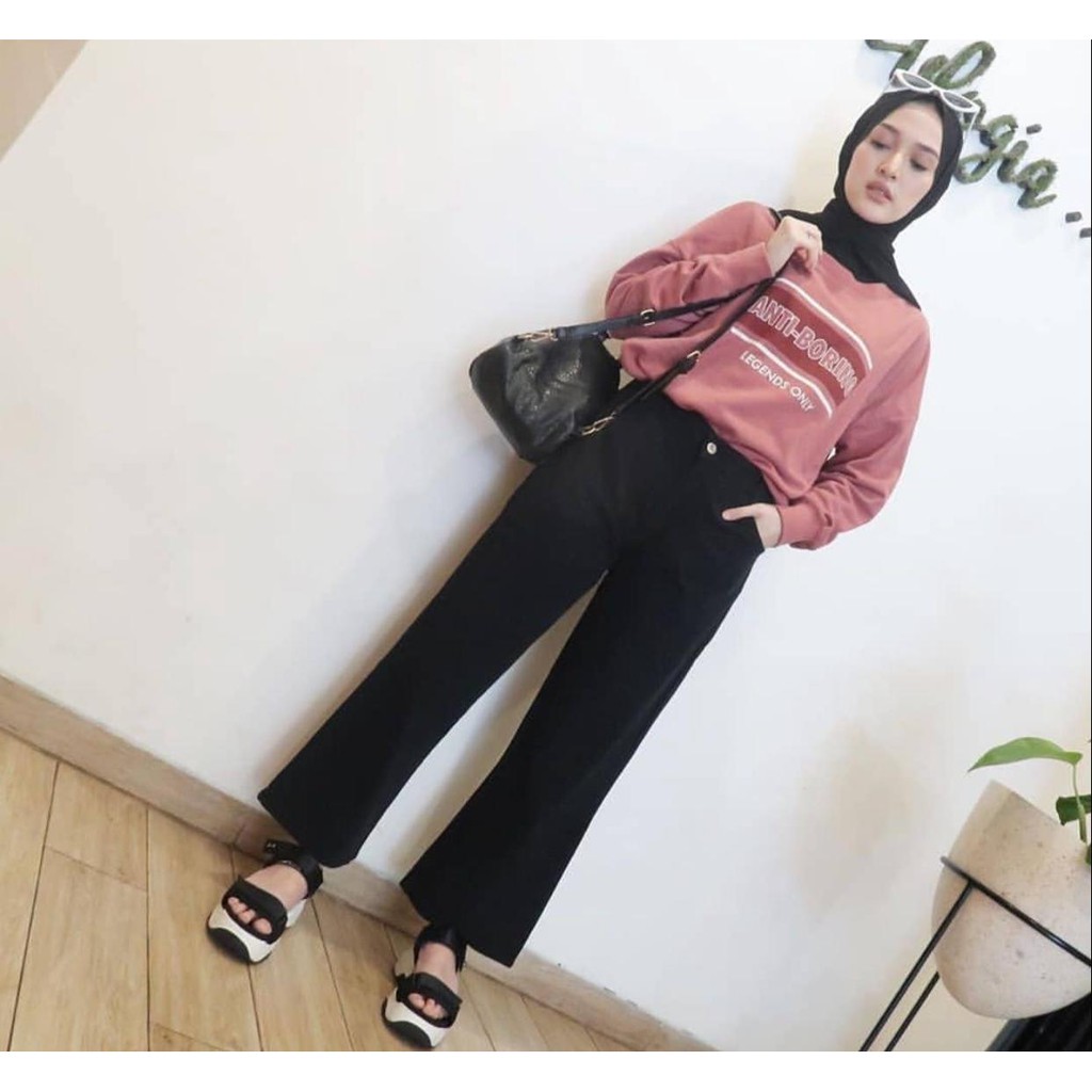 BARCA | celana jeans kulot wanita jumbo boyfriend snow acid washed polos plain hitam ripped sobek