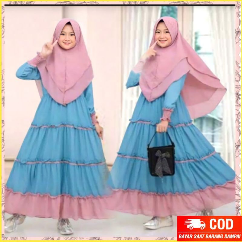 SET GAMIS ANAK SYARI SUSUN LINE AIRA KID BAJU ANAK PEREMPUAN MUSLIMAH USIA ALLSZ 12-14 TAHUN TERBARU