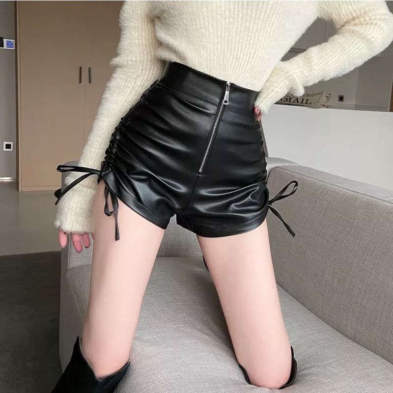 GENUINE LEATHERS : Hot Pants Rok Celana Pendek Wanita Kulit Domba Asli Ramping Pinggang Tinggi Aksen