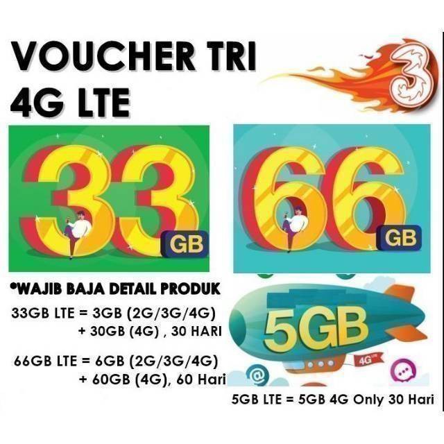 VOUCHER TRI KUOTA LTE 33GB PAKET DATA TRI 3 66GB