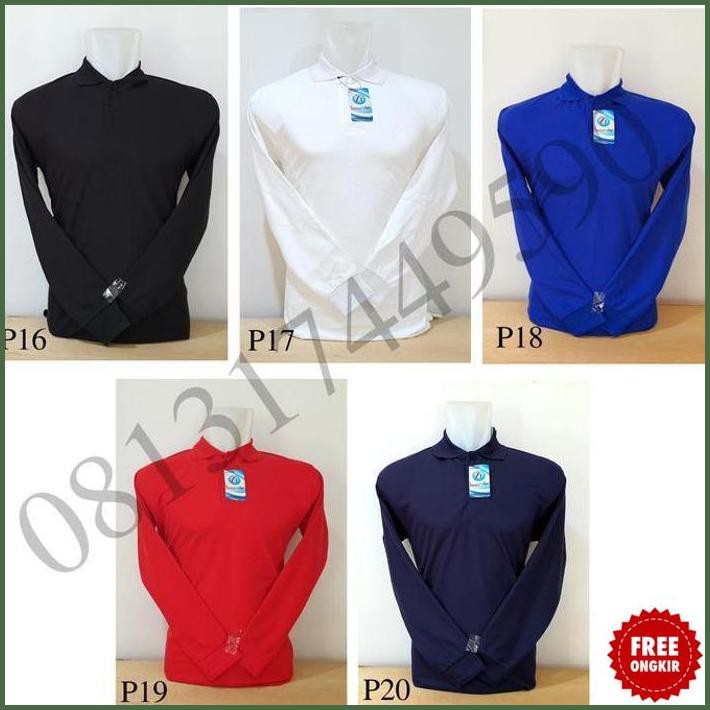 (New) Kaos/baju/pakaian polos polo shirt wanita kerah lengan panjang Merah Kerah Hitam - Tulis No.