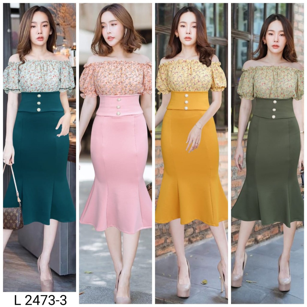 Dress Wanita Rok Span Maxi Mermaid Baju Wanita Lengan Sabrina Pendek Scuba Premium G2473-3