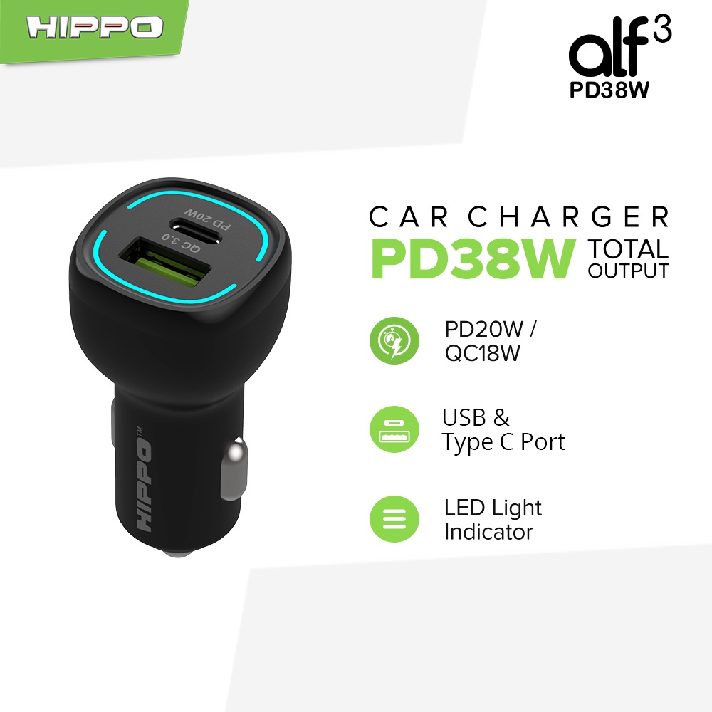 Hippo Car Charger ALF 3 PD 38W Power Delivery Fast Quick Charging 3.0 Casan Colokan Mobil Type C Android Iphone Micro Lightning QC Dual Port USB A USB C