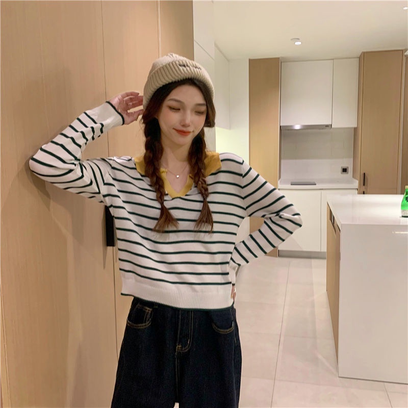 KNIT STRIPE WANITA V LENGAN PANJANG PREMIUM SWEATER KOREA