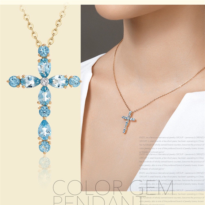 [Ready Stock]Fashion 18K Gold Plated Blue Gemstone Cross Pendant Necklace