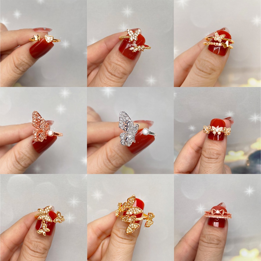 Cincin Model Terbuka Adjustable Desain Butterfly Heart Aksen Kristal Untuk Wanita