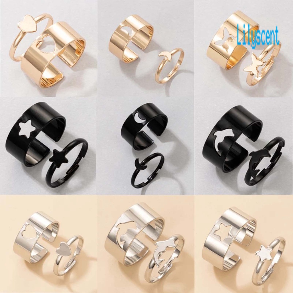 2pcs / Set Cincin Model Terbuka Dapat Disesuaikan Bentuk Hati Bulan Bintang Lumba-Lumba Untuk Pasangan